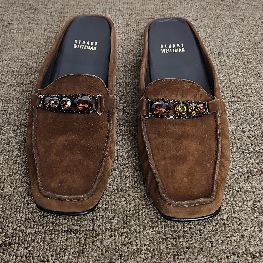 Stuart Weitzman Brown Suede Leather Mules Slides Loafers Sz 8 Womens